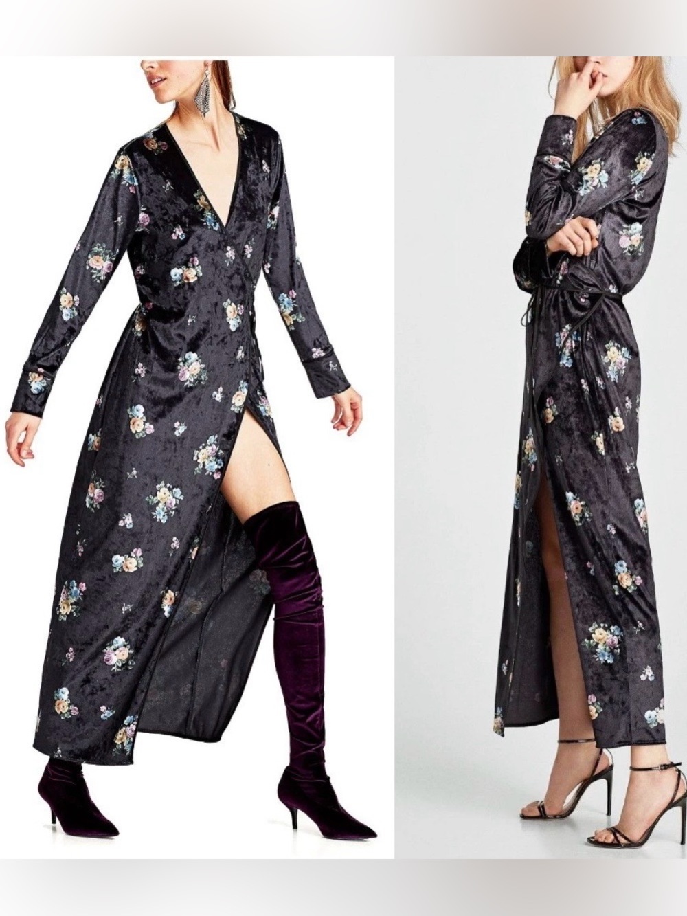 Zara Black Floral Velvet Wrap Maxi Dress
